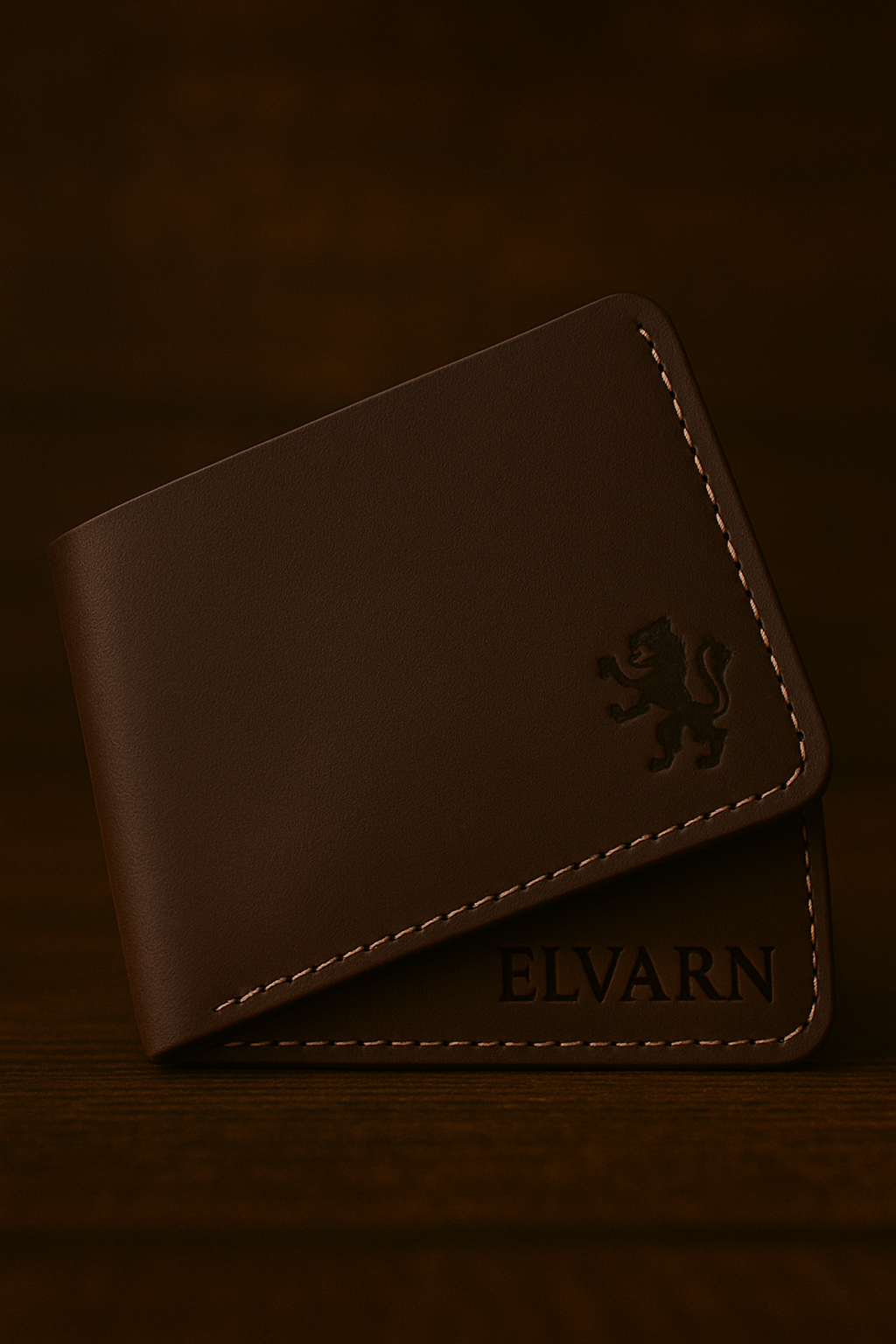 Elvarn dark brown leather wallet for men – genuine slim bifold wallet, handcrafted with embossed lion logo and premium finish.