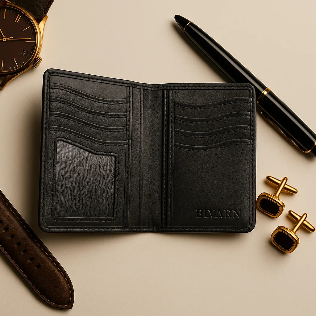 Elvarn Black Long Leather Wallet for Men – 100% Genuine Slim Vertical Wallet