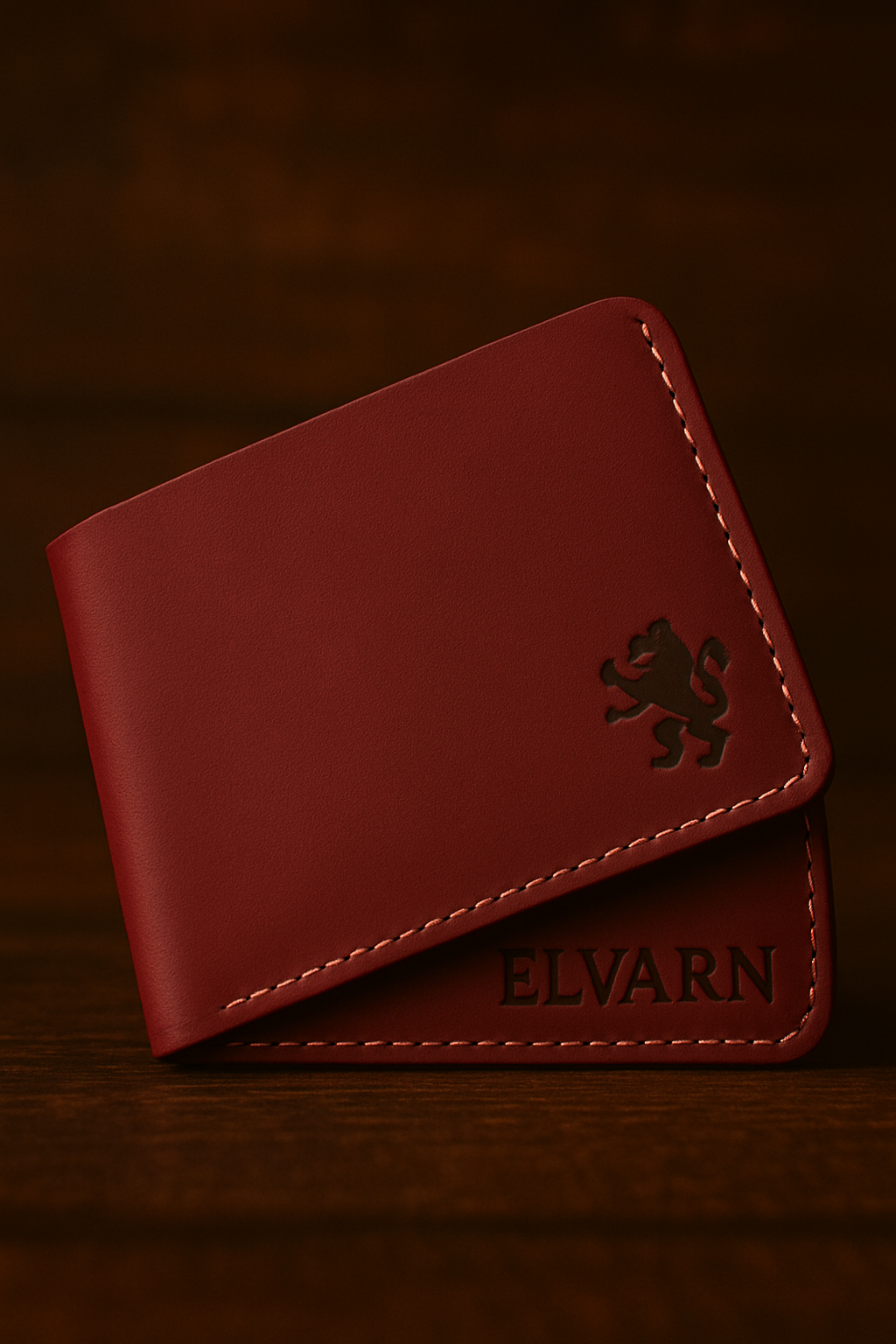 Elvarn red leather wallet for men – genuine slim bifold wallet, handcrafted with embossed lion logo and luxury detailing.