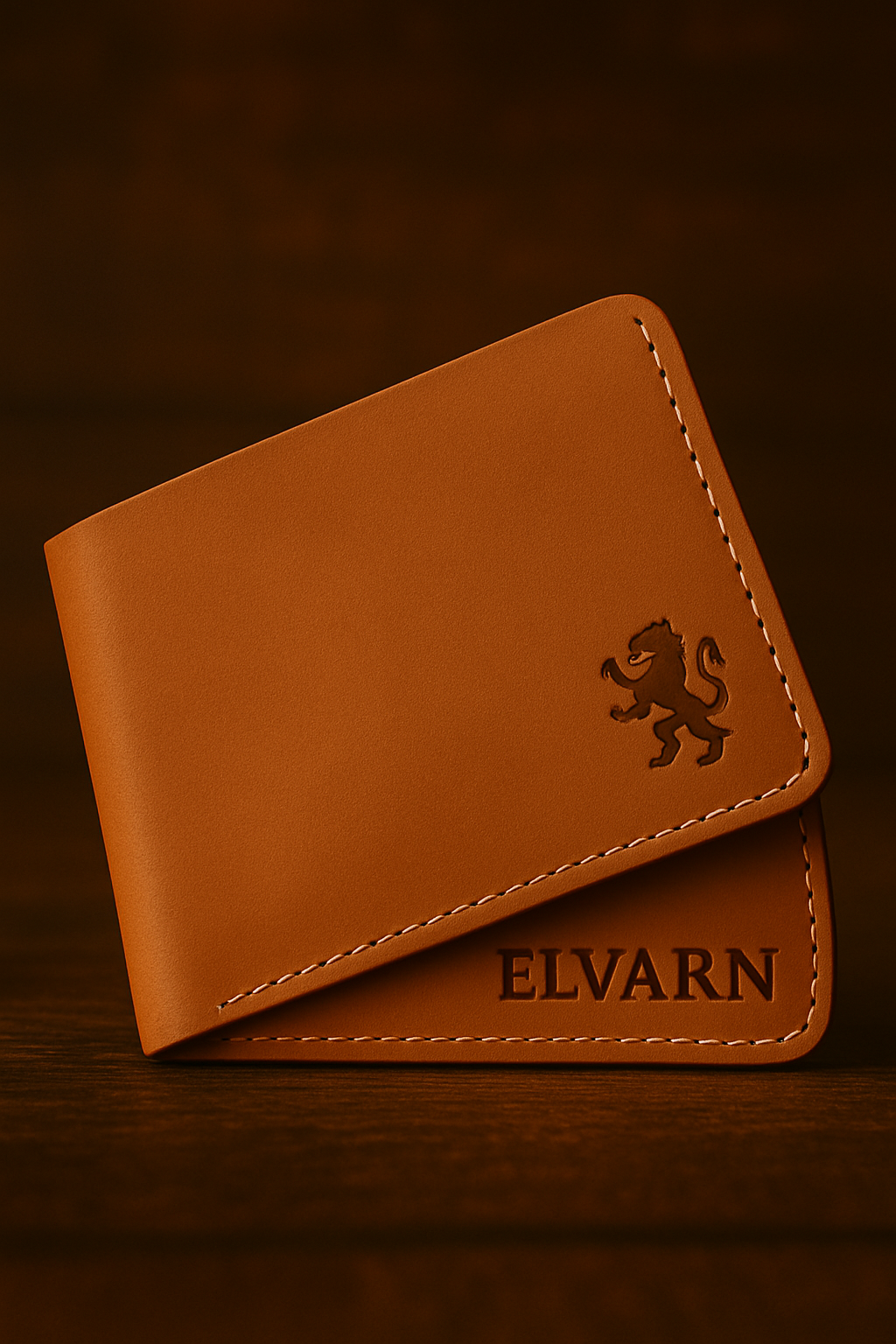 Elvarn tan mockup leather bi-fold wallet for men – slim stylish everyday wallet in camel brown.