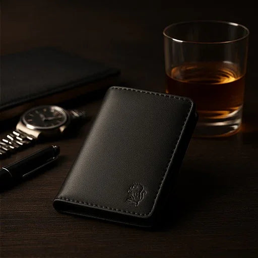 Elvarn black long leather wallet for men – genuine slim vertical wallet, handcrafted luxury design for everyday and formal use.