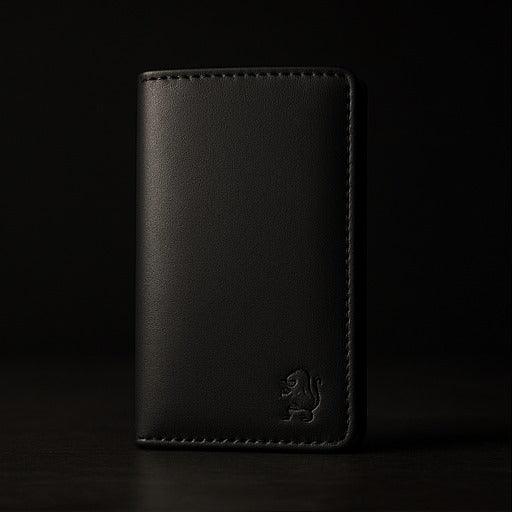 Black leather wallet with a brand logo on a black background