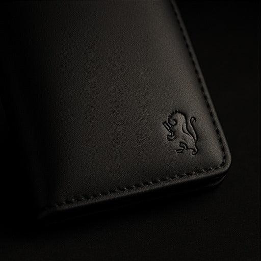 Close-up of a black leather product with a logo on a dark background