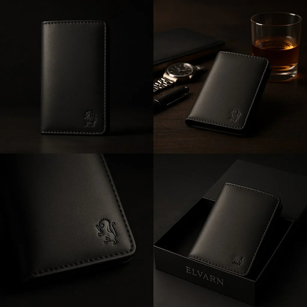 Elvarn black long leather wallet for men – genuine slim vertical wallet, handcrafted luxury design for everyday and formal use.