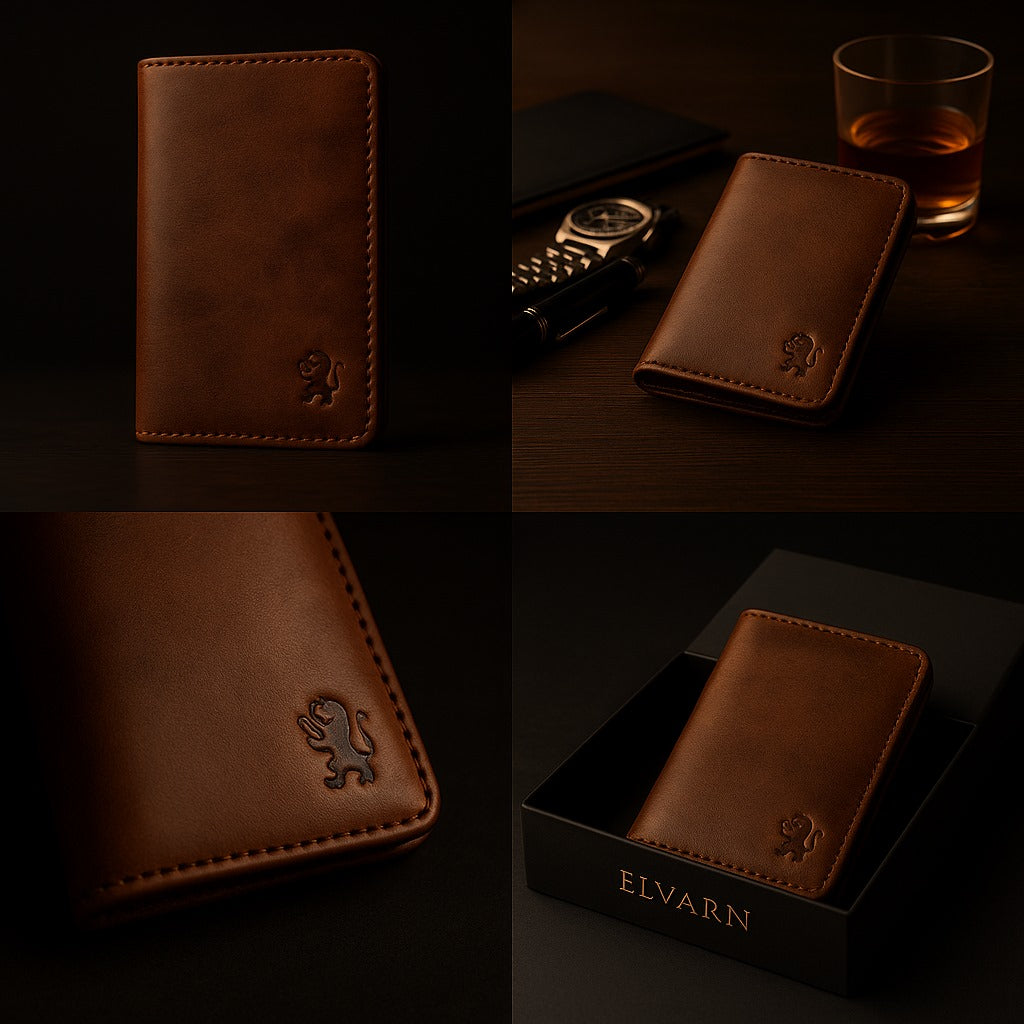 Elvarn premium brown long leather wallet for men – 100% genuine leather, slim vertical design with embossed lion logo, luxury handcrafted wallet for everyday and formal use