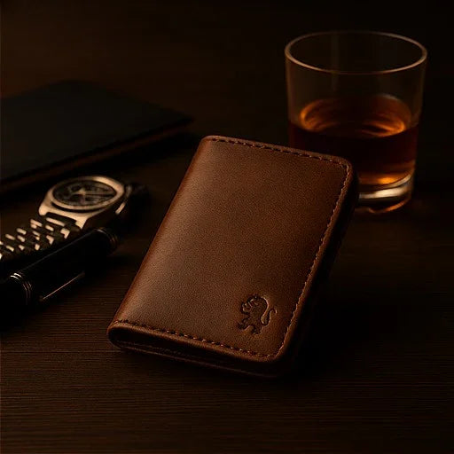 Elvarn premium brown long leather wallet for men – 100% genuine leather, slim vertical design with embossed lion logo, luxury handcrafted wallet for everyday and formal use
