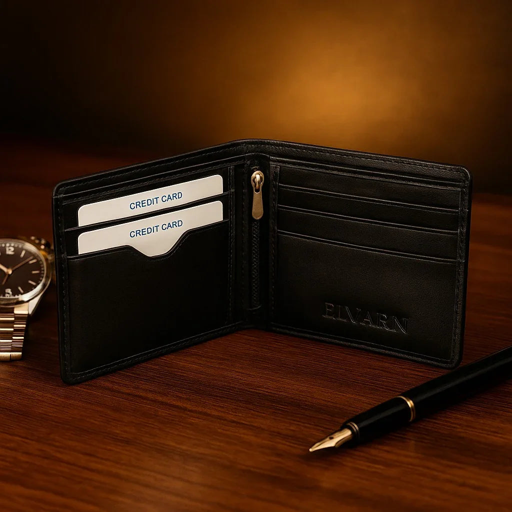 Elvarn Black Leather Wallet for Men – 100% Genuine Slim Bifold Wallet with Card Holder